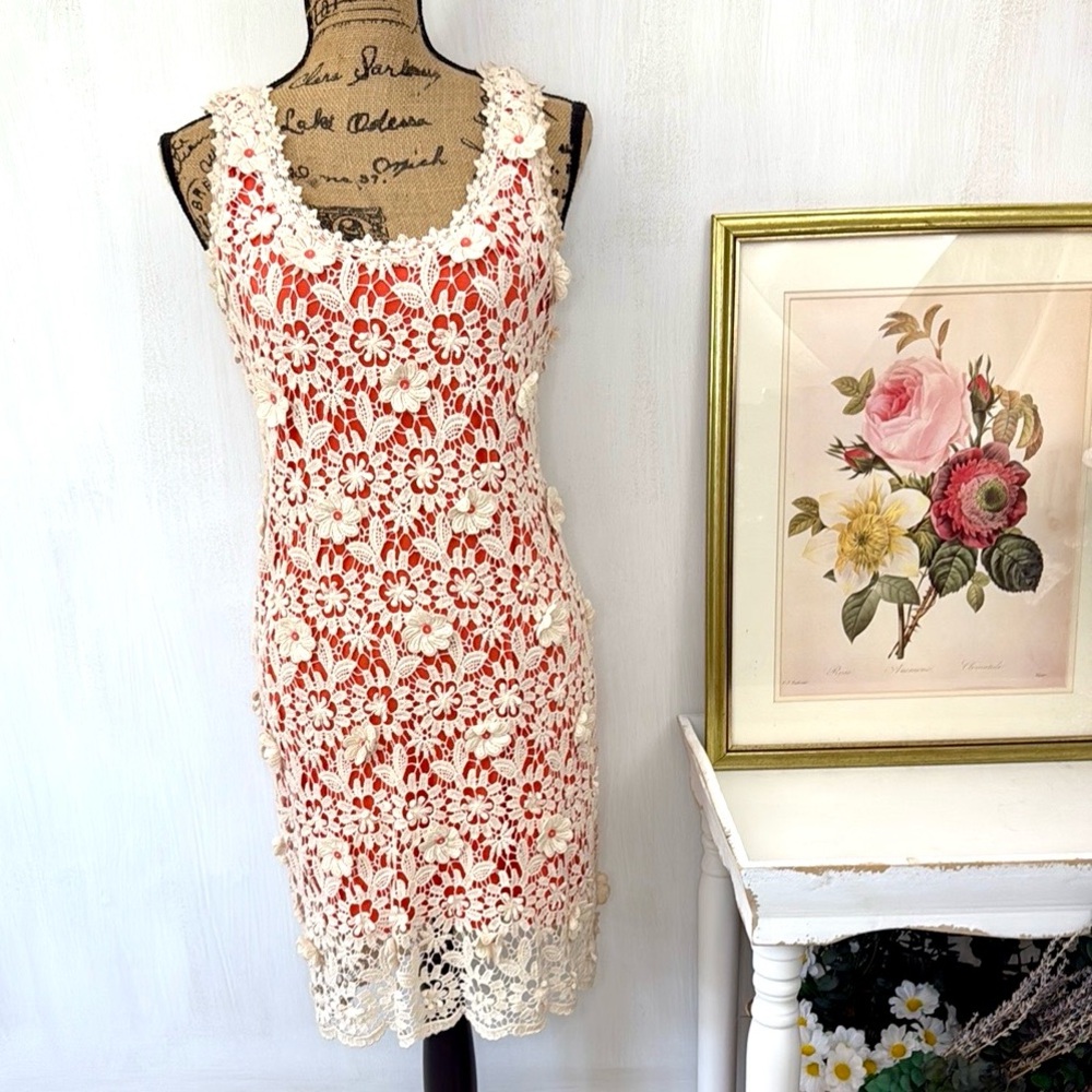 Charlotte Tarantola Crochet Knit Floral Dress Sz S